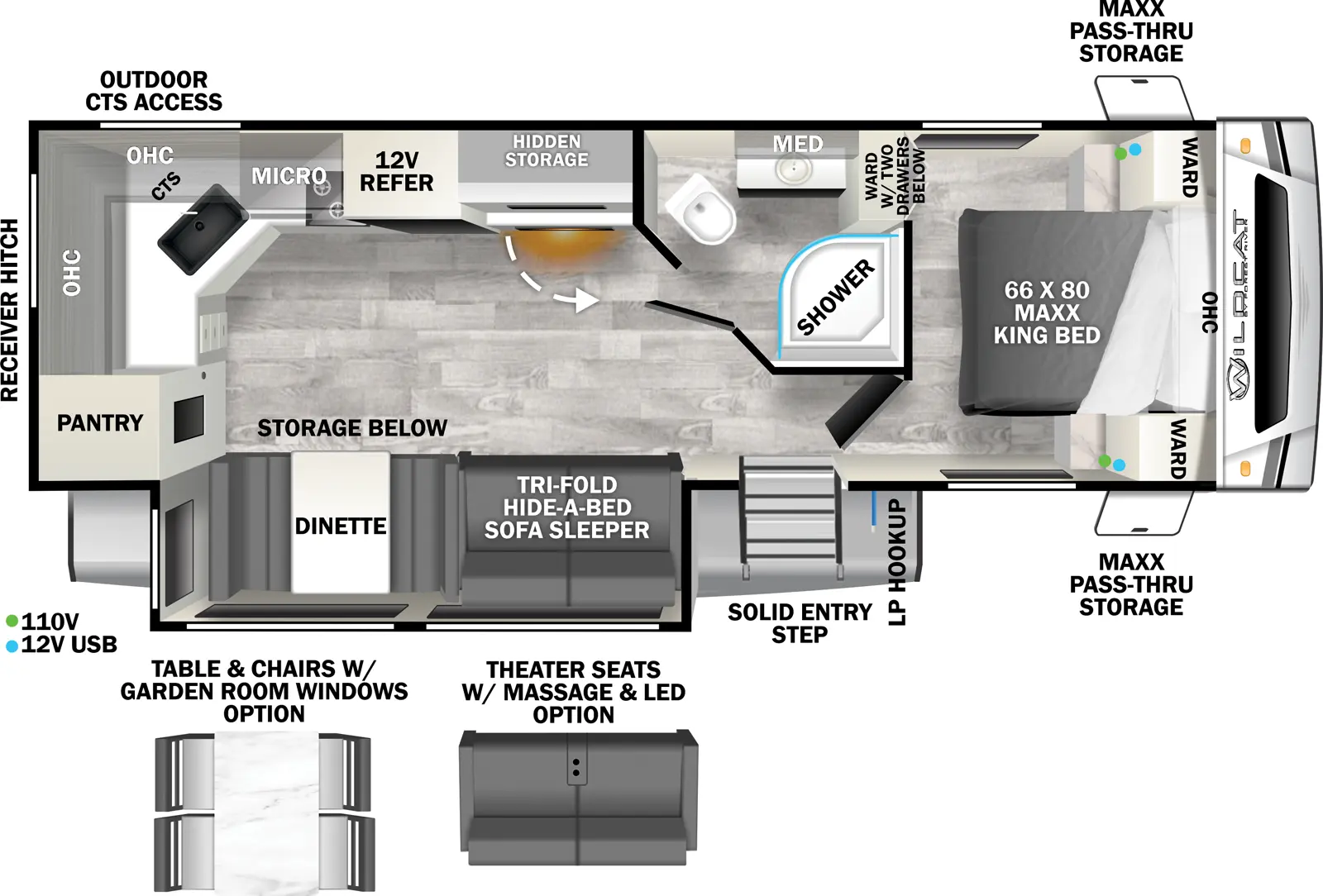 The Wildcat Travel Trailers 267MEX - ONE floorplan has one entry and one slide out. Exterior features include: fiberglass exterior and 20' awning. Interiors features include: rear kitchen, free-standing dinette option and front bedroom.